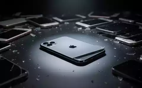 Ein einzelnes, glänzendes iPhone 11 liegt auf einer dunklen Fläche, umgeben von unscharfen älteren Smartphone-Modellen. - Foto: über boerse-global.de