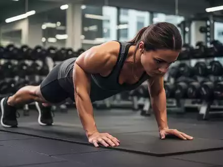 Eine Person macht einen Plank in einem Fitnessstudio, um die Rumpfmuskulatur zu stärken, mit verschwommenen Gewichten im Hintergrund. - Foto: über boerse-global.de