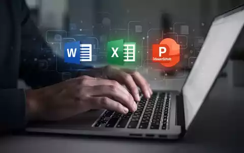A person typing on a laptop, with blurred digital icons representing Microsoft Office applications floating above the keyboard. - Foto: über boerse-global.de