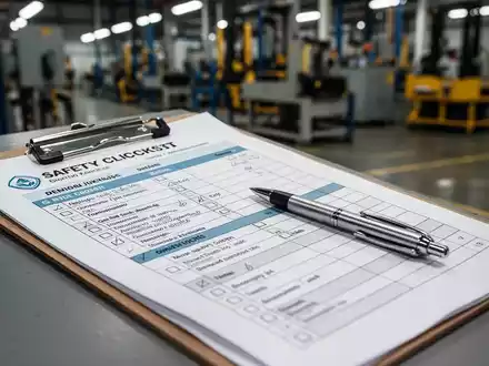 Nahaufnahme eines Sicherheits-Checkliste oder Klemmbretts mit Stift, im Hintergrund unscharfe Industriemaschinen. - Foto: über boerse-global.de