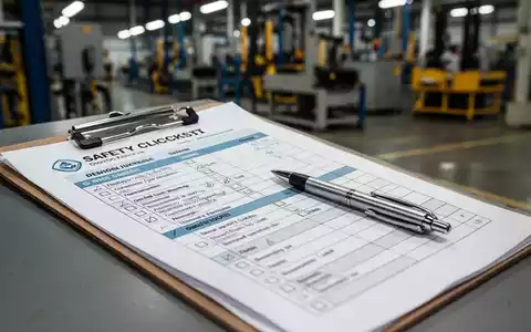 Nahaufnahme eines Sicherheits-Checkliste oder Klemmbretts mit Stift, im Hintergrund unscharfe Industriemaschinen. - Foto: über boerse-global.de
