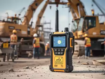 Nahaufnahme eines ATEX-zertifizierten Ortungssystems auf einer Baustelle, mit verschwommenen Maschinen im Hintergrund. - Foto: über boerse-global.de