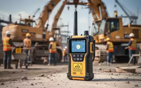 Nahaufnahme eines ATEX-zertifizierten Ortungssystems auf einer Baustelle, mit verschwommenen Maschinen im Hintergrund. - Foto: über boerse-global.de