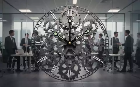 Eine stilisierte Uhr mit Zahnrädern und unscharfen Büromitarbeitern, die die Debatte um flexible Arbeitszeiten symbolisiert. - Foto: über boerse-global.de