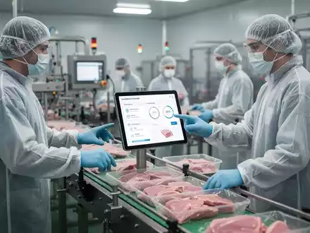 Mitarbeiter in Hygieneanzügen überwachen eine Lebensmittelproduktionslinie, während sie Daten auf einem Tablet überprüfen, das Compliance-Informationen anzeigt. - Foto: über boerse-global.de