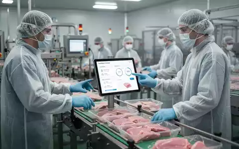 Mitarbeiter in Hygieneanzügen überwachen eine Lebensmittelproduktionslinie, während sie Daten auf einem Tablet überprüfen, das Compliance-Informationen anzeigt. - Foto: über boerse-global.de