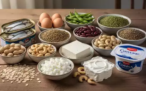 Eine Nahaufnahme einer Zusammenstellung verschiedener proteinreicher Lebensmittel wie Eier, Nüsse, Bohnen und Fischkonserven auf einem Holztisch. - Foto: über boerse-global.de