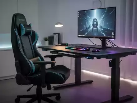 Ein ergonomischer Gaming-Schreibtisch mit höhenverstellbarer Arbeitsfläche, Gaming-Stuhl und Zubehör in einem modernen Raum. - Foto: über boerse-global.de