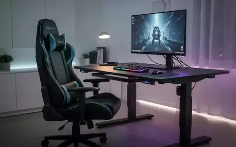 Ein ergonomischer Gaming-Schreibtisch mit höhenverstellbarer Arbeitsfläche, Gaming-Stuhl und Zubehör in einem modernen Raum. - Foto: über boerse-global.de