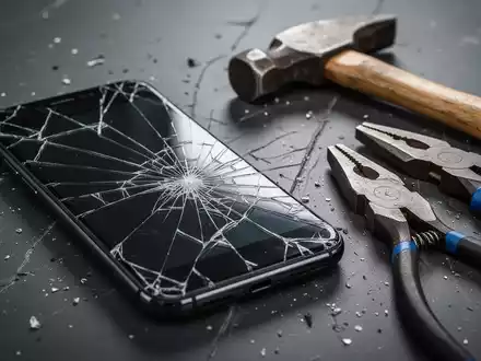 Ein kaputtes Smartphone liegt neben einem Hammer und einer Zange auf einem dunklen Hintergrund, Symbol für Online-Betrug. - Foto: über boerse-global.de