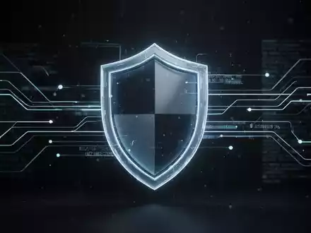 A glowing, abstract shield icon symbolizing digital security, surrounded by lines and data streams on a dark background. - Foto: über boerse-global.de