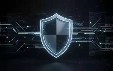 A glowing, abstract shield icon symbolizing digital security, surrounded by lines and data streams on a dark background. - Foto: über boerse-global.de