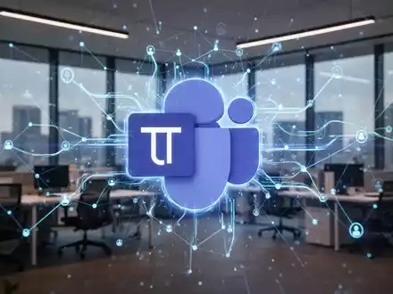 A stylized Microsoft Teams logo with digital network lines and location pins, representing workplace check-in and connectivity. - Foto: über boerse-global.de