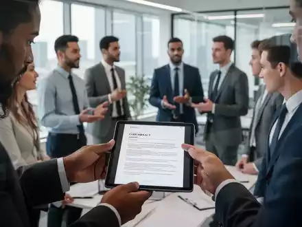Eine Gruppe von Fachleuten in einem modernen Büro, die Dokumente prüfen und sich über rechtliche Aspekte austauschen. - Foto: über boerse-global.de