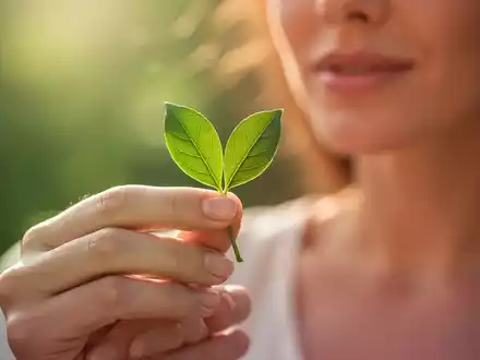 Eine Nahaufnahme einer weiblichen Hand, die ein kleines, grünes Blatt hält, symbolisiert natürliche Gesundheit und Wohlbefinden. - Foto: über boerse-global.de