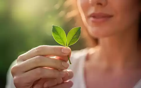 Eine Nahaufnahme einer weiblichen Hand, die ein kleines, grünes Blatt hält, symbolisiert natürliche Gesundheit und Wohlbefinden. - Foto: über boerse-global.de