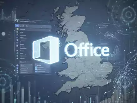 A stylized projection of the Microsoft Office logo and UI elements over a blurred map of the United Kingdom, with data streams. - Foto: über boerse-global.de