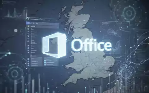 A stylized projection of the Microsoft Office logo and UI elements over a blurred map of the United Kingdom, with data streams. - Foto: über boerse-global.de