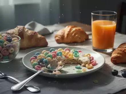 Ein ungesundes Frühstück mit zuckerhaltigem Müsli, verarbeiteten Gebäckstücken und Saft auf einem Tisch. - Foto: über boerse-global.de