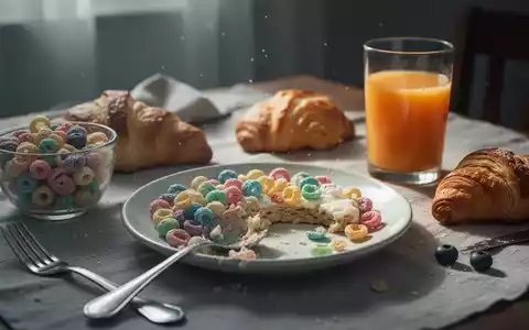 Ein ungesundes Frühstück mit zuckerhaltigem Müsli, verarbeiteten Gebäckstücken und Saft auf einem Tisch. - Foto: über boerse-global.de