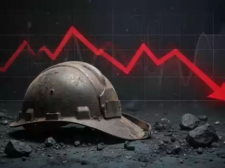 Ein verlassener Bergbauhelm auf staubigem Untergrund mit einem dezenten roten Abwärtspfeil, der einen Wertverlust anzeigt. - Foto: über boerse-global.de