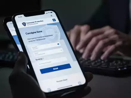 Nahaufnahme eines Smartphones mit einer gefälschten Verbraucherschutz-Website und Händen, die zögern, Daten einzugeben. - Foto: über boerse-global.de