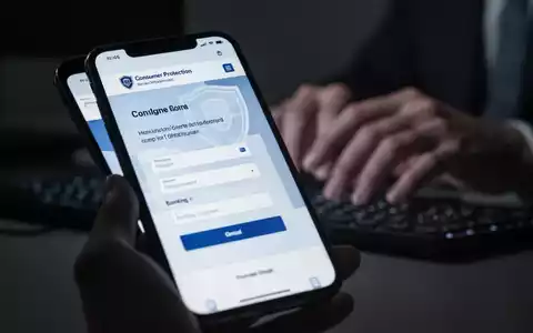 Nahaufnahme eines Smartphones mit einer gefälschten Verbraucherschutz-Website und Händen, die zögern, Daten einzugeben. - Foto: über boerse-global.de