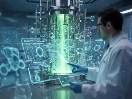 Ein futuristisches Labor mit leuchtenden Farben und einer Person, die Daten auf einem transparenten Bildschirm überprüft. - Foto: über boerse-global.de