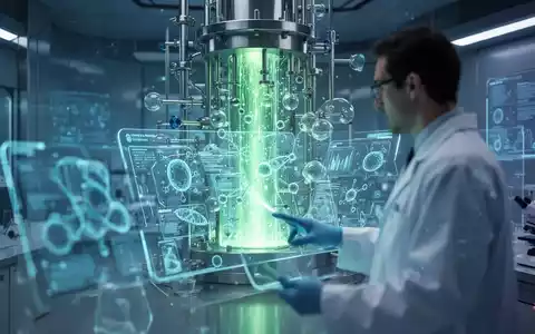 Ein futuristisches Labor mit leuchtenden Farben und einer Person, die Daten auf einem transparenten Bildschirm überprüft. - Foto: über boerse-global.de