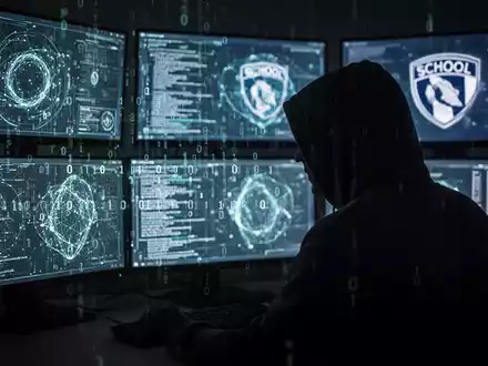 A shadowy figure in a hoodie looks at multiple glowing screens displaying abstract data and binary code, depicting a data breach. - Foto: über boerse-global.de