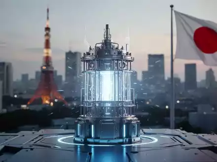 Ein stilisiertes kleines modulares Reaktorkonzept mit der Skyline von Tokio und einer japanischen Flagge im Hintergrund, das Innovation und Investitionen symbolisiert. - Foto: über boerse-global.de