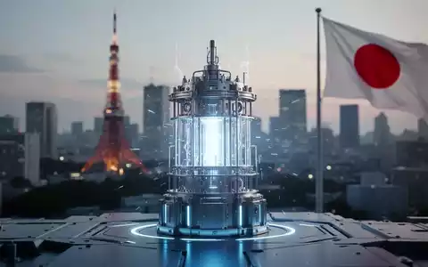 Ein stilisiertes kleines modulares Reaktorkonzept mit der Skyline von Tokio und einer japanischen Flagge im Hintergrund, das Innovation und Investitionen symbolisiert. - Foto: über boerse-global.de