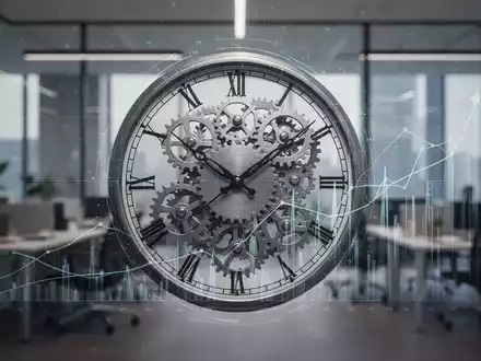 Ein stilisiertes Zifferblatt mit Zahnrädern und digitalen Überlagerungen, das flexible Arbeitszeiten und Datenoptimierung in einem Bürokontext darstellt. - Foto: über boerse-global.de