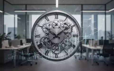 Ein stilisiertes Zifferblatt mit Zahnrädern und digitalen Überlagerungen, das flexible Arbeitszeiten und Datenoptimierung in einem Bürokontext darstellt. - Foto: über boerse-global.de