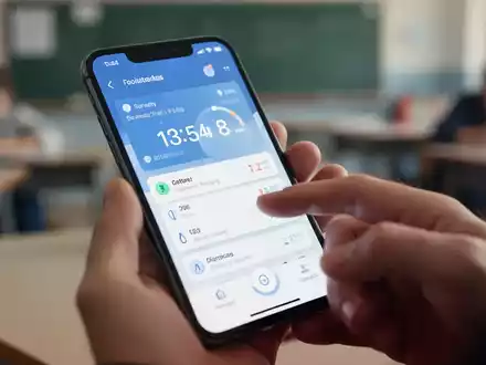 Nahaufnahme eines Smartphones mit einer App zur digitalen Zeiterfassung, im Hintergrund verschwommen ein Klassenzimmer angedeutet. - Foto: über boerse-global.de
