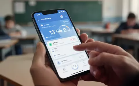 Nahaufnahme eines Smartphones mit einer App zur digitalen Zeiterfassung, im Hintergrund verschwommen ein Klassenzimmer angedeutet. - Foto: über boerse-global.de