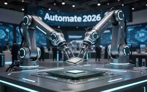 Ein moderner Industrieroboterarm mit blauen Akzenten, der einen Mikrochip auf einer Werkbank montiert, im Hintergrund die Automate 2026 Messe. - Foto: über boerse-global.de