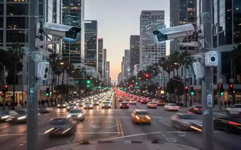 Moderne Verkehrskameras und Sensoren an einer belebten Kreuzung in Los Angeles bei Dämmerung, die den Verkehrsfluss überwachen. - Foto: über boerse-global.de
