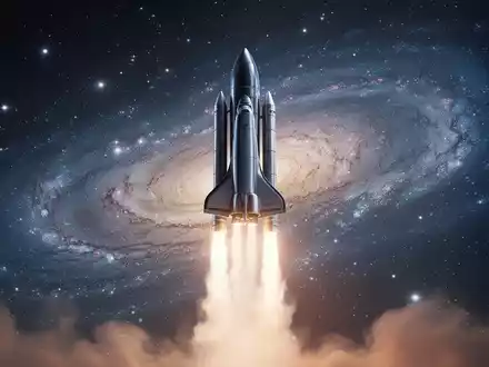 Eine futuristische Rakete startet in den Weltraum vor einem Sternenhintergrund und einer stilisierten Galaxie. - Foto: über boerse-global.de