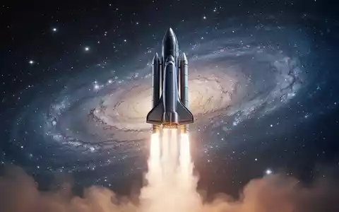 Eine futuristische Rakete startet in den Weltraum vor einem Sternenhintergrund und einer stilisierten Galaxie. - Foto: über boerse-global.de