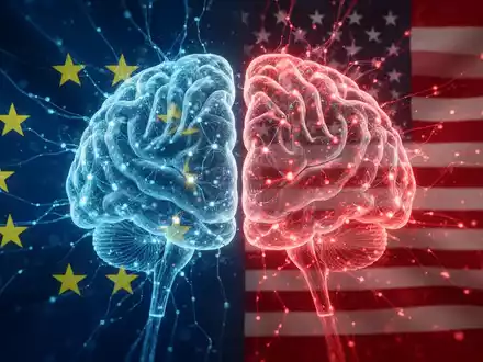 An abstract image showing digital neural networks with colors of the EU and USA flags, symbolizing AI and international tech policy. - Foto: über boerse-global.de