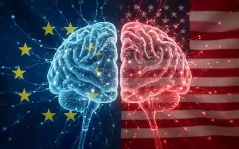 An abstract image showing digital neural networks with colors of the EU and USA flags, symbolizing AI and international tech policy. - Foto: über boerse-global.de