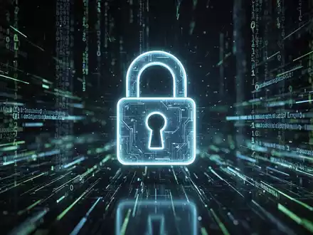 A stylized, glowing padlock icon over an abstract digital landscape of code and data streams, representing cybersecurity. - Foto: über boerse-global.de