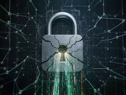 A cracked digital lock integrated into a network grid, with glowing data streams escaping, symbolizing AI security vulnerabilities. - Foto: über boerse-global.de