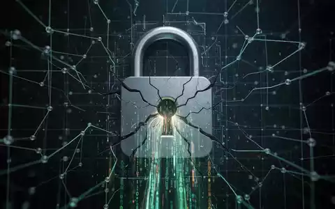A cracked digital lock integrated into a network grid, with glowing data streams escaping, symbolizing AI security vulnerabilities. - Foto: über boerse-global.de