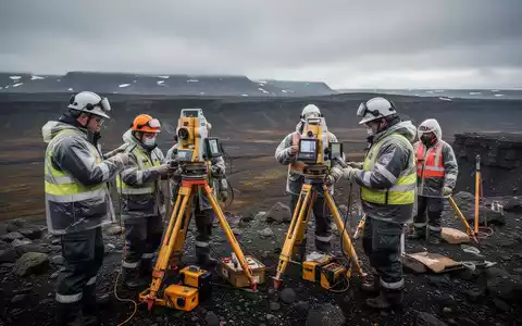Geologenteam führt mit Spezialausrüstung eine Messkampagne in einer abgelegenen, felsigen Landschaft durch. - Foto: über boerse-global.de