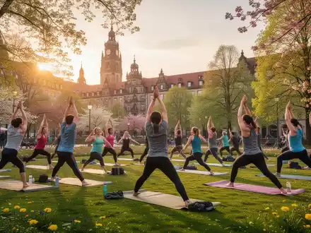 Eine vielfältige Gruppe von Menschen praktiziert Yoga im Freien in einem sonnigen deutschen Stadtpark mit grünen Bäumen und historischen Gebäuden. - Foto: über boerse-global.de