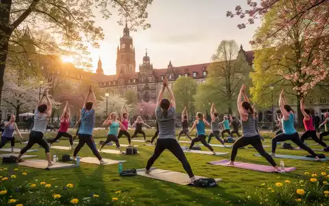 Eine vielfältige Gruppe von Menschen praktiziert Yoga im Freien in einem sonnigen deutschen Stadtpark mit grünen Bäumen und historischen Gebäuden. - Foto: über boerse-global.de