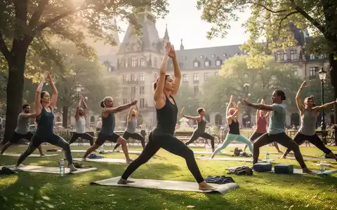 Eine Gruppe von Menschen praktiziert Yoga und Pilates im Freien in einem Stadtpark, mit historischen Gebäuden im Hintergrund. - Foto: über boerse-global.de
