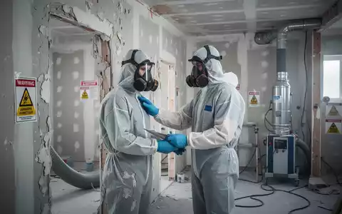 Ein Bauarbeiter in Schutzkleidung und Atemschutzmaske inspiziert eine Wand in einem Renovierungsbereich. - Foto: über boerse-global.de